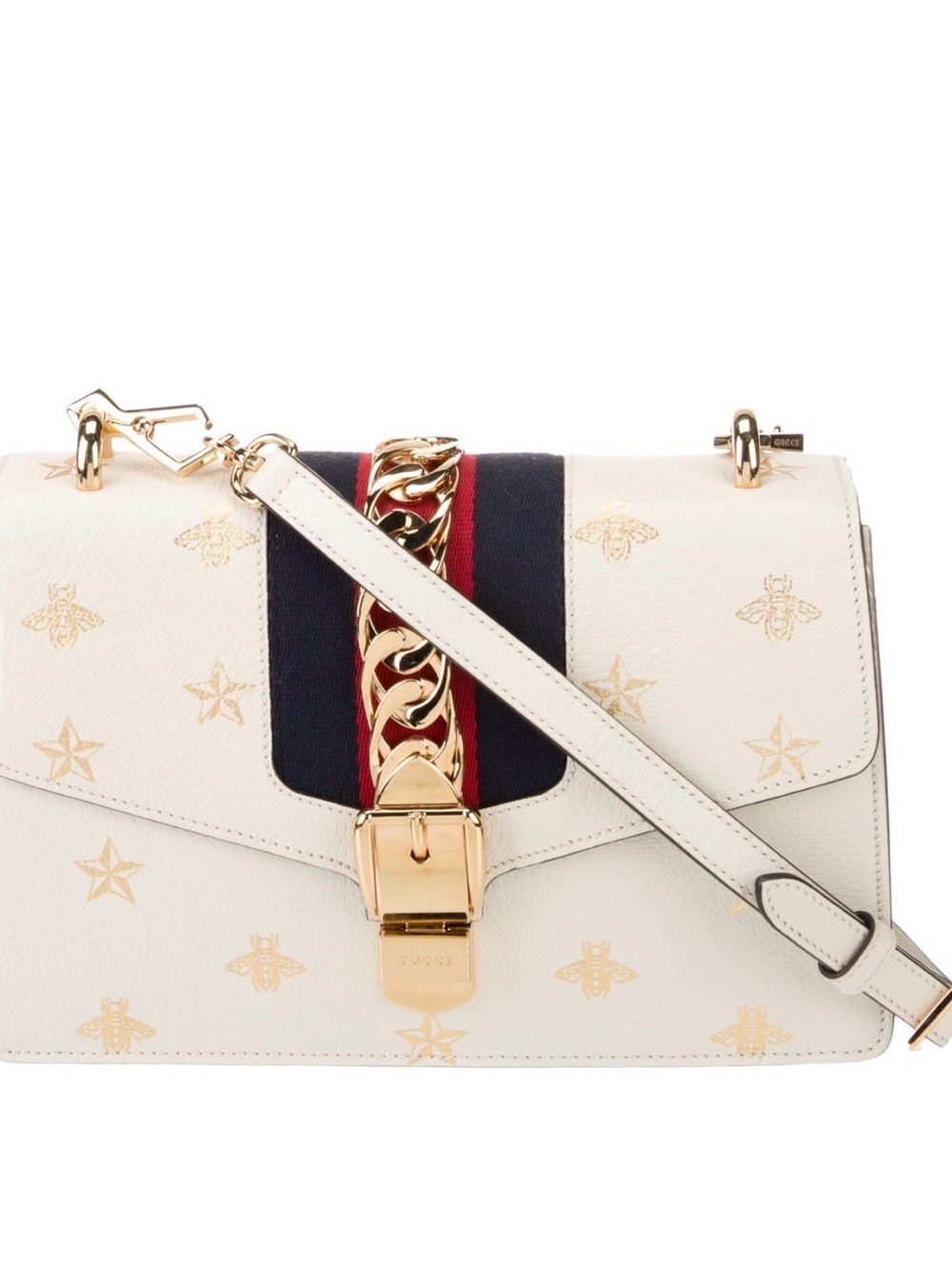 Authentic Gucci Small Sylvie Calfskin Shoulder Bag with Gold Bee & Star print